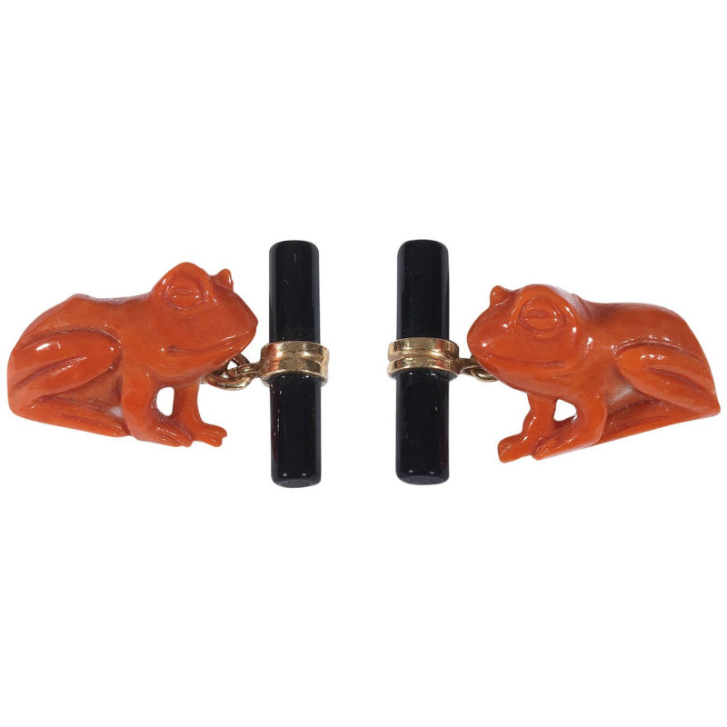 Coral Onyx Gold Frog Cufflinks