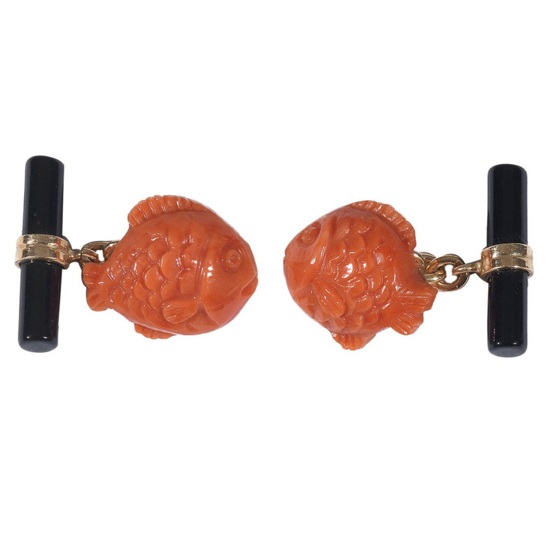 Coral Onyx Gold Fish Cufflinks