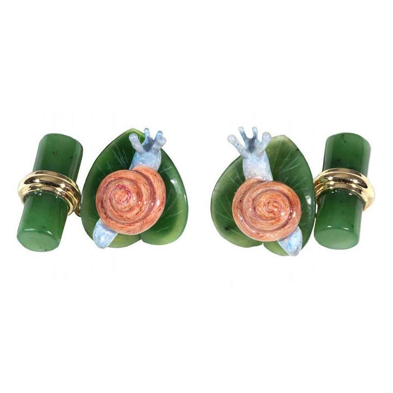 Enamel Jade Gold Snail Motif Cufflinks