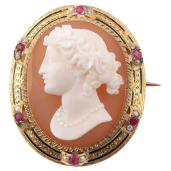 A Cameo Pearl Enamel Ruby And Yellow Gold Brooch