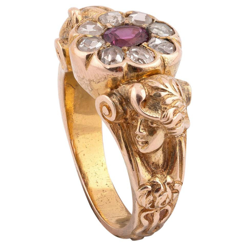 Art Nouveau Ruby and Diamond Cluster Ring