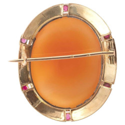 A Cameo Pearl Enamel Ruby And Yellow Gold Brooch