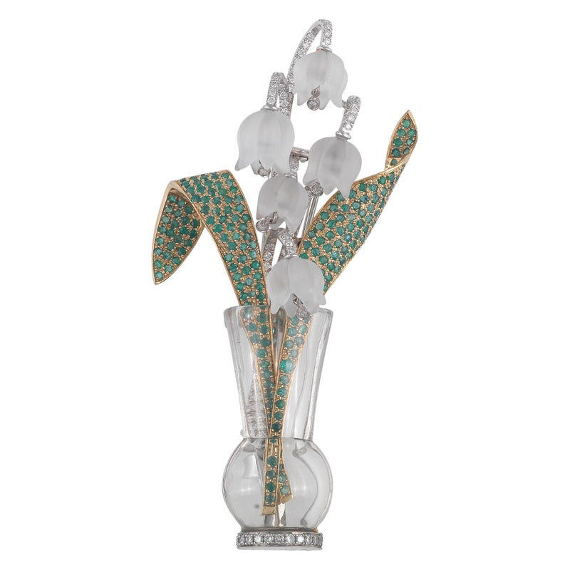 Diamond, Emerald and Rock Crystal Lily Of The Valley Flowers Brooch