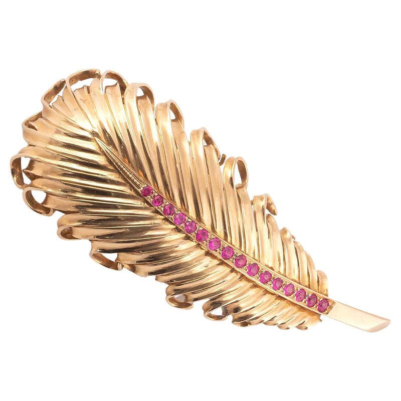 18kt Yellow Gold And Ruby Feather Brooch By Boucheron
