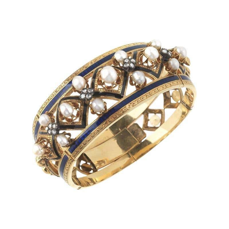 Antique Enamel Pearl Diamond And Gold Bangle Bracelet circa 1880