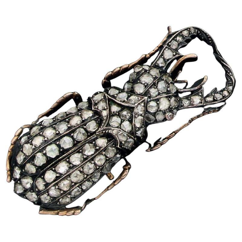 Russian Gold Silver and Diamond Scarab Brooch
