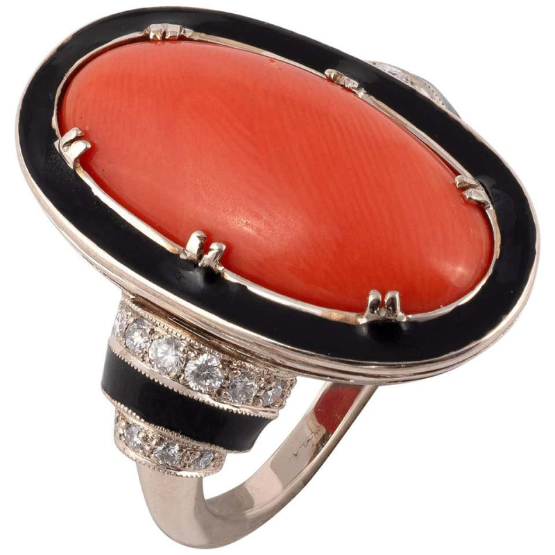 Retro Corallium Rubrum Enamel and Diamond Ring