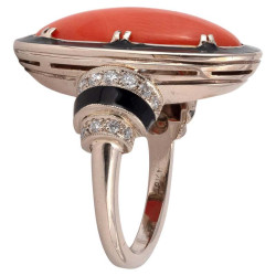 Retro Corallium Rubrum Enamel and Diamond Ring