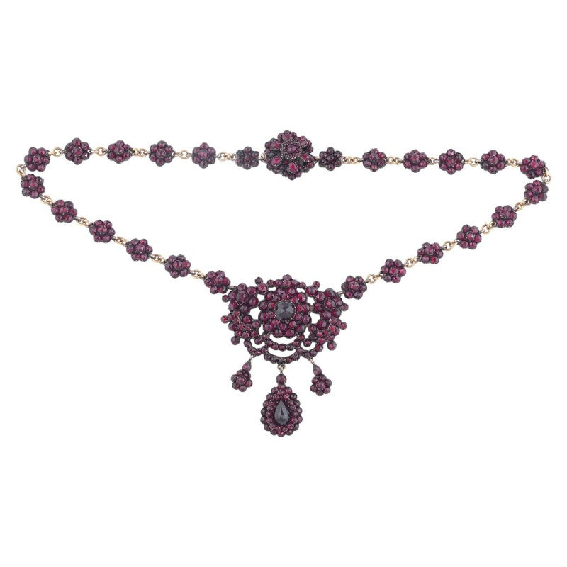 Antique Bohemian Garnet And Silver Gilt Necklace Circa 1870's