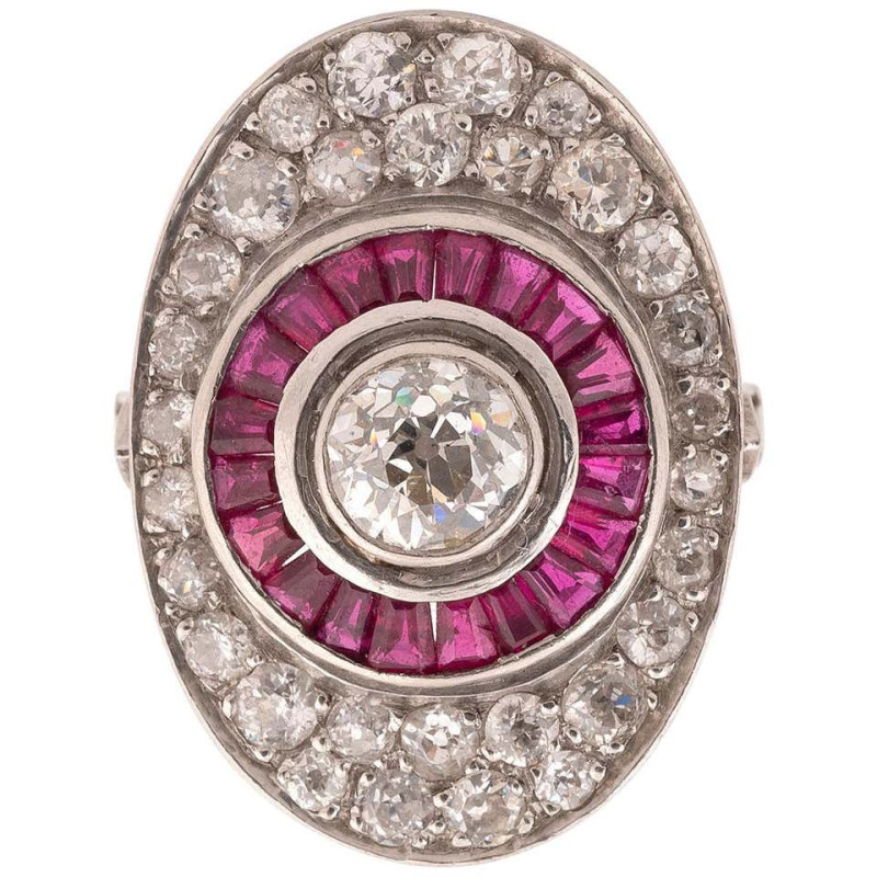 Old Cut 1.25ct Diamond and Ruby Oval Platinum Ring