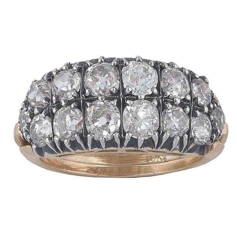 1870s Antique Diamond Silver Gold Two Row Band Ring
