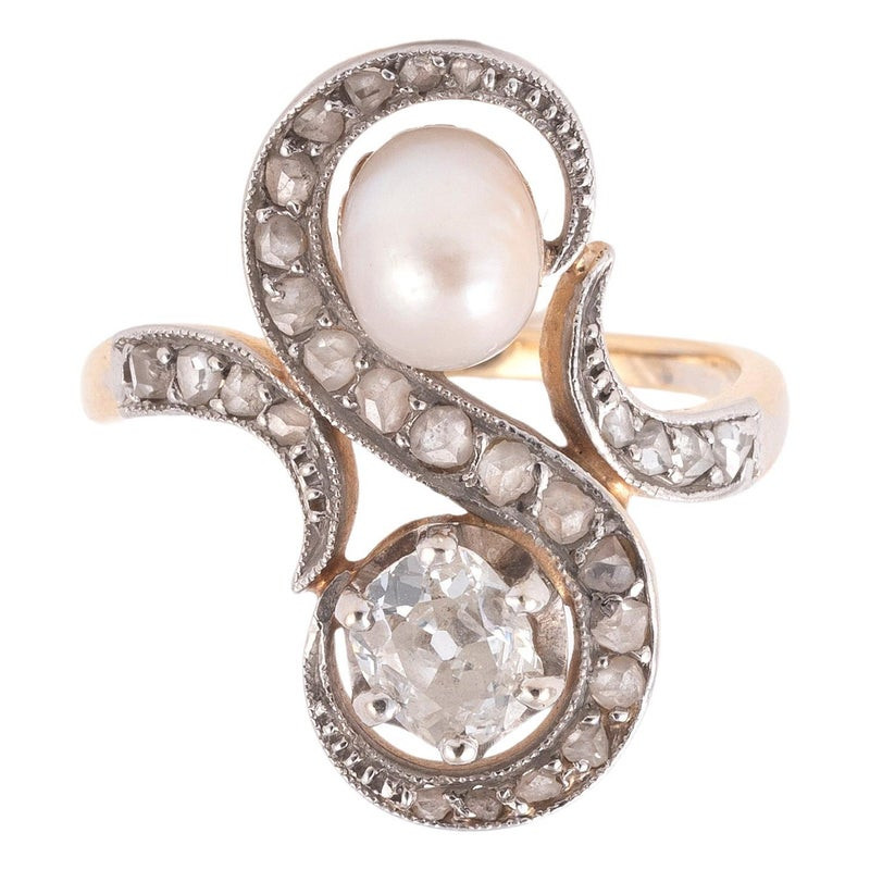 Toi et Moi Antique Old Cut Diamond And Natural Pearl Ring