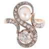 Toi et Moi Antique Old Cut Diamond And Natural Pearl Ring