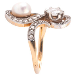 Toi et Moi Antique Old Cut Diamond And Natural Pearl Ring