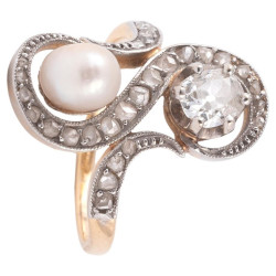Toi et Moi Antique Old Cut Diamond And Natural Pearl Ring
