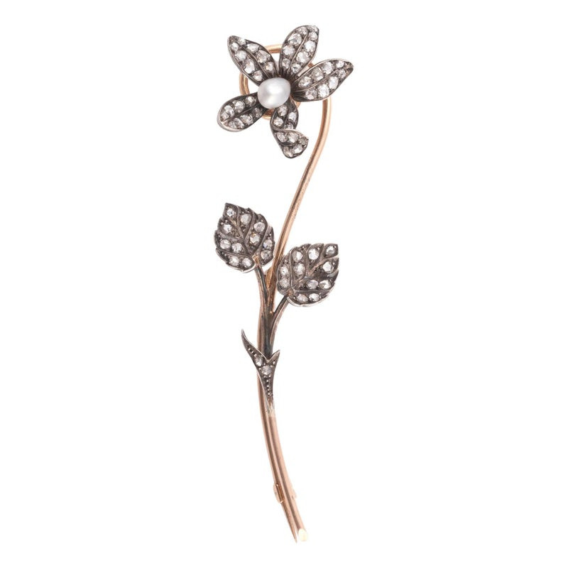 Antique En Tremblant Gold Natural Pearl And Diamond Flower Brooch