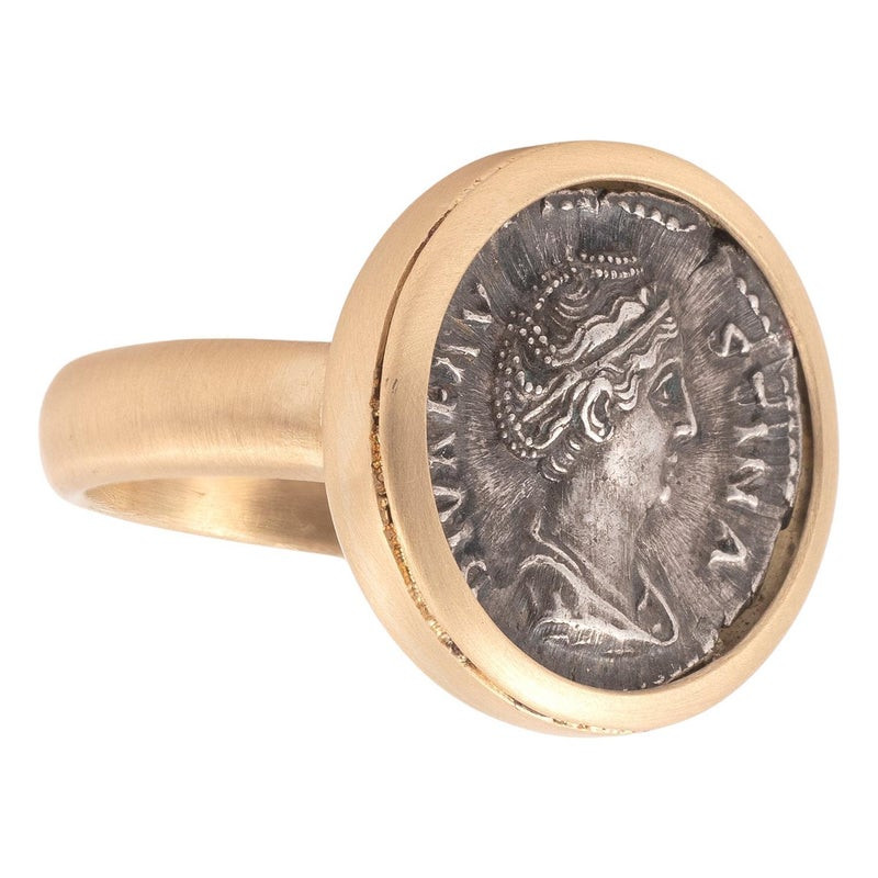 Gold Ring Featuring Roman Silver Denarius Coin of Diva Faustina Senior 146 AD