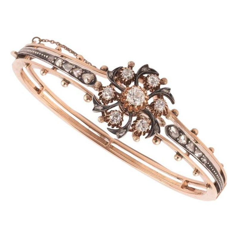 Late 19th Century Old Cut Diamond Gold Half Hoop Bangle Bracelet