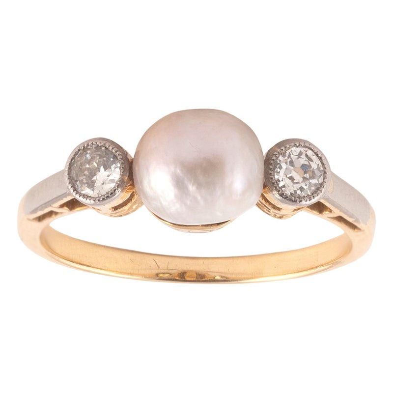 A Natural Pearl And Old Cut Diamond Ring Circa 1910's
