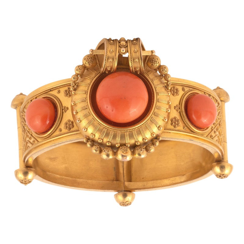 Archaeological Revival Gold and Corallium Rubrum Bangle Bracelet 1860's
