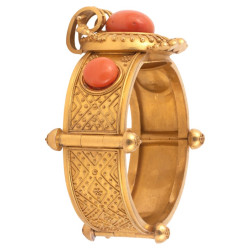 Archaeological Revival Gold and Corallium Rubrum Bangle Bracelet 1860's