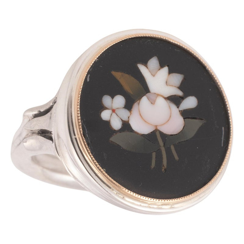 19th Century Silver & Gold Mounted Mosaic Pietra Dura Flowers Ring, circa 1830
