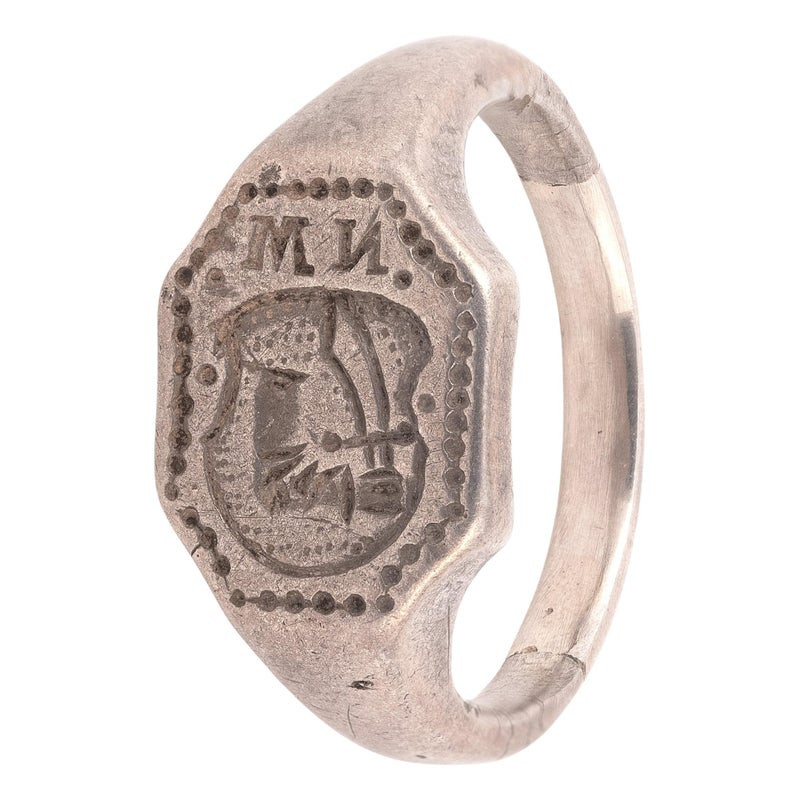 Silver Merchant's Seal Ring With Shield And Letters, 15th Century
