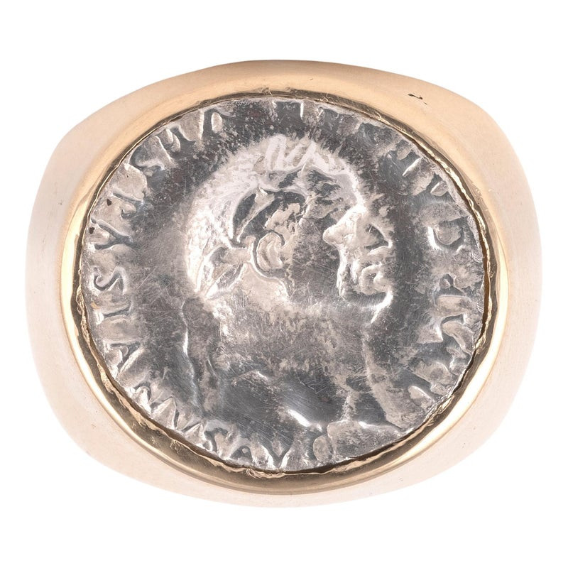 Gold Ring Featuring A Roman Silver Denarius Coin Of Emperor Vespasian 69 CE - 79 CE