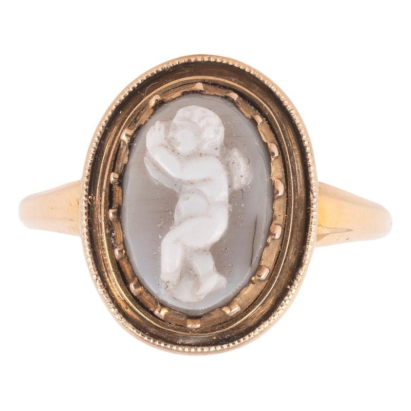 Italian Grey Agate Ring With Renaissance Cupid Cameo