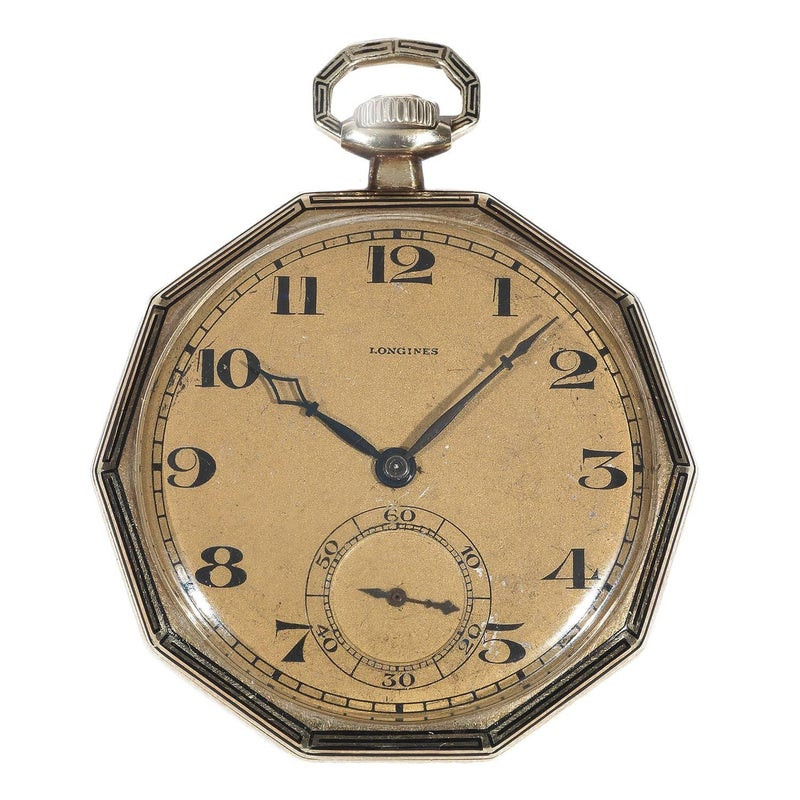 Longines Yellow Gold Enamel Decagon Shape Open Faced Pocket Watch