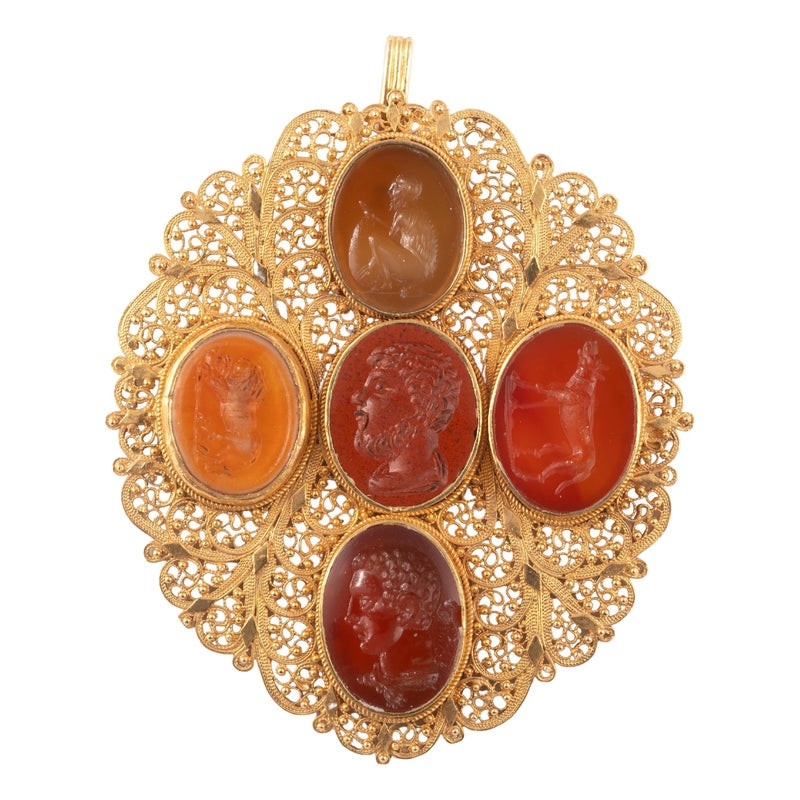 Large Archaeological-Revival Gold And Roman Intaglio Pendant Italy Circa 1870's