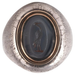 Neoclassical Blackened Silver Gold & Grey Agate Intaglio Of Heron Men's Ring