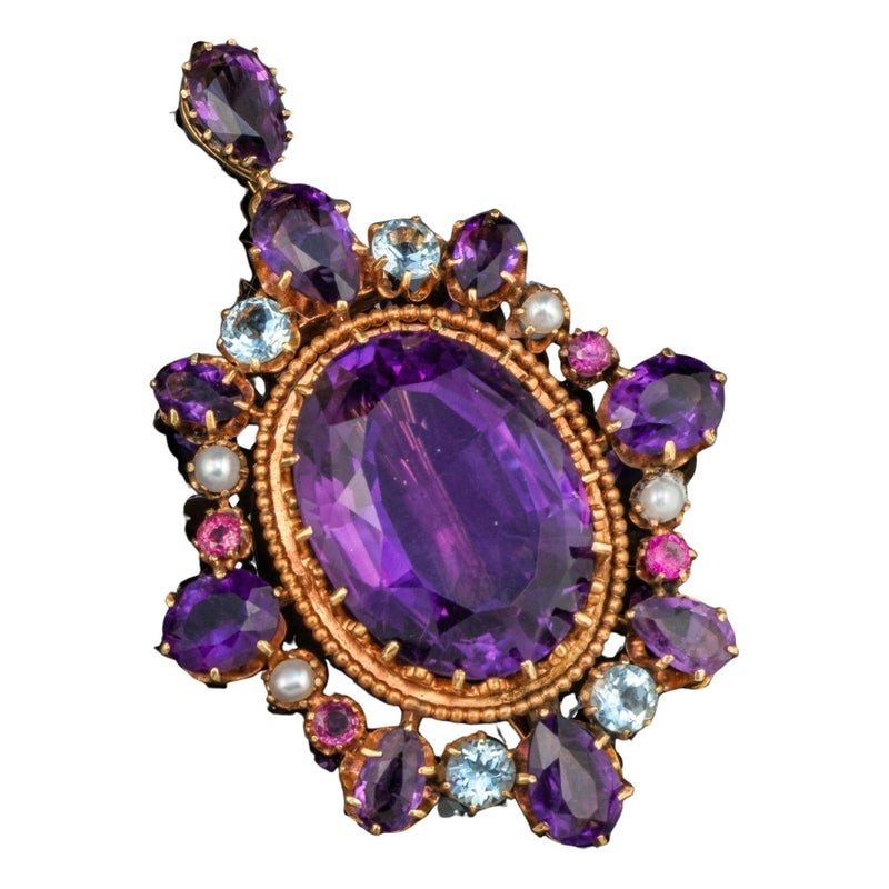 Neo-Renaissance Brooch/Pendant with Amethyst and Aquamarine