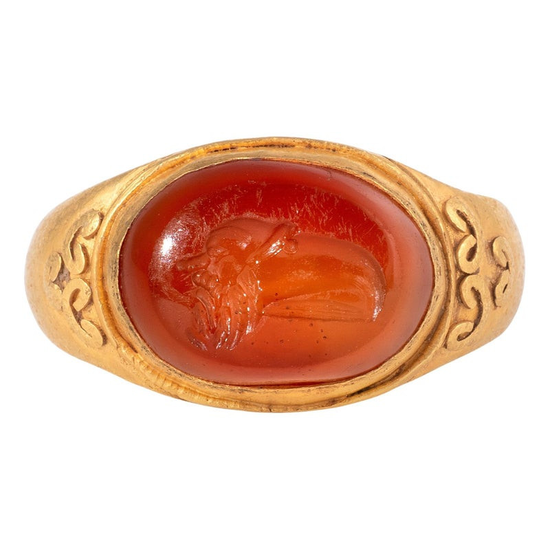 Roman Gold Ring with Carnelian Intaglio of a Gryllos Sileno and Eagle