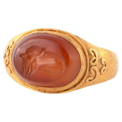 Roman Gold Ring with Carnelian Intaglio of a Gryllos Sileno and Eagle