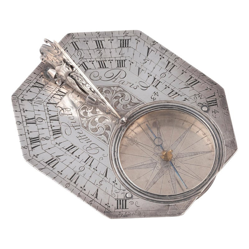 Rare Silver Pocket Sundial And Compass By Michael Butterfield Paris Circa 1700
