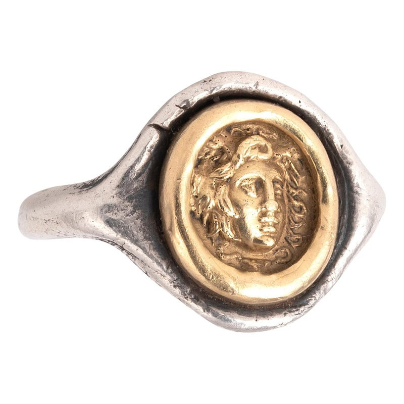 Antique 19th Century Blackened Silver and Gold Medusa Cameo Ring