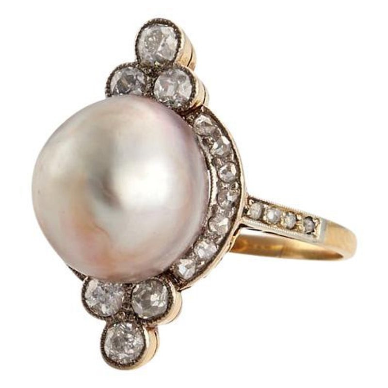 A Natural Pearl Diamond And 18K Yellow Gold Ring Circa 1910