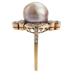 A Natural Pearl Diamond And 18K Yellow Gold Ring Circa 1910