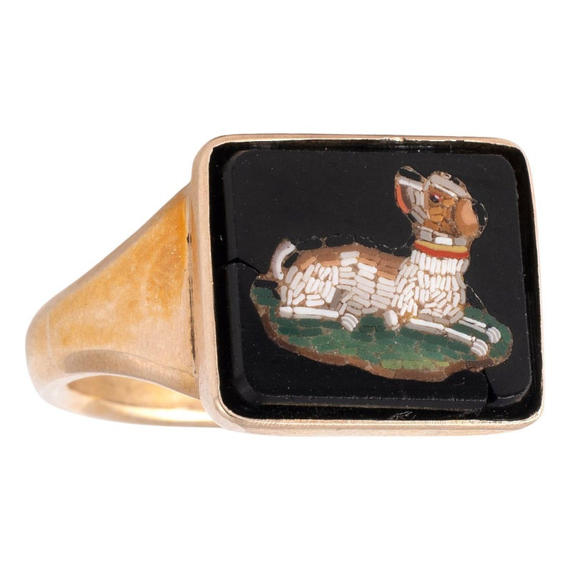 Antique Yellow Gold and Micromosaic Dog Ring