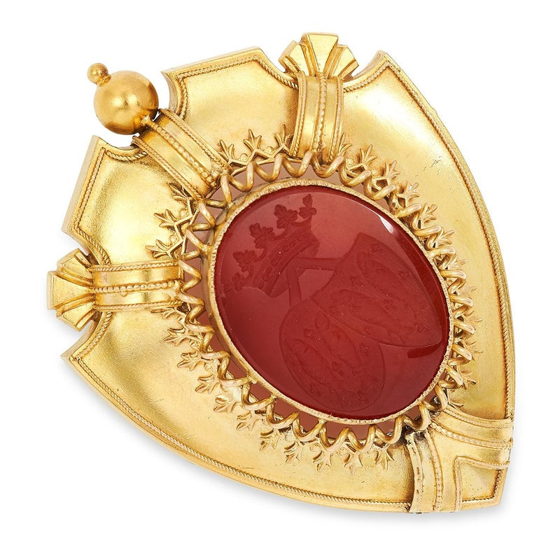 Antique Carnelian Intaglio Family Crest Seal Brooch, 19th Century