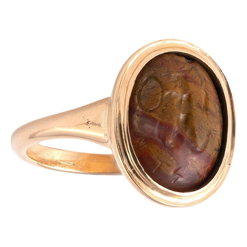 Magical Roman Gold Ring with an Ancient Jasper Abraxas Stone Intaglio