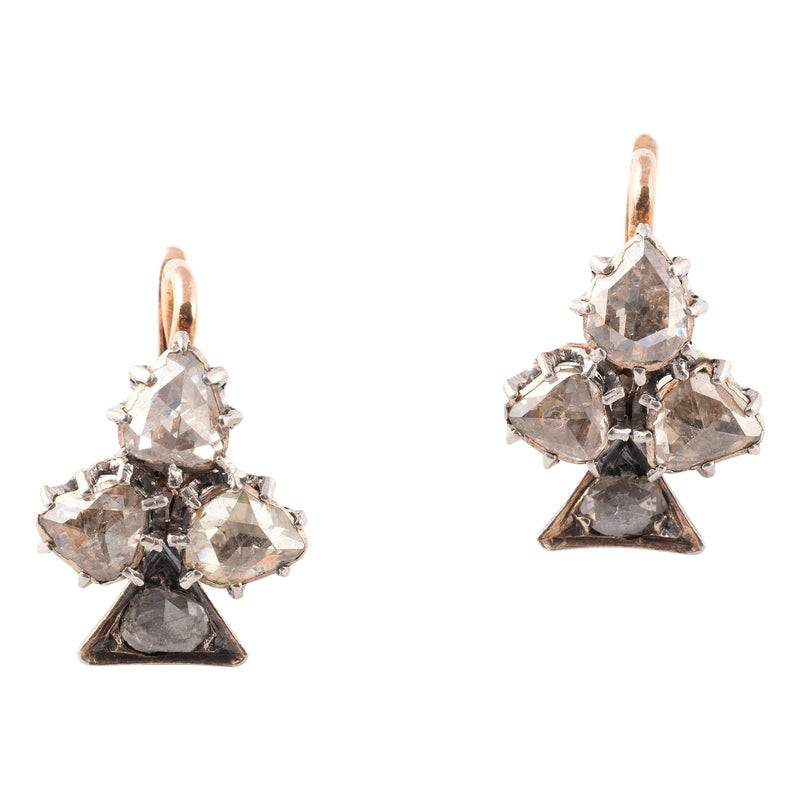 Antique Pair Of Rose Cut Diamond Trefoil Earrings