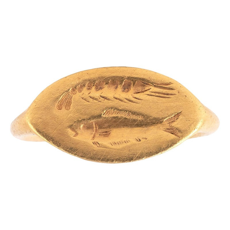 Greek Gold Ring with Fish and Crustacean, 4th Century BC