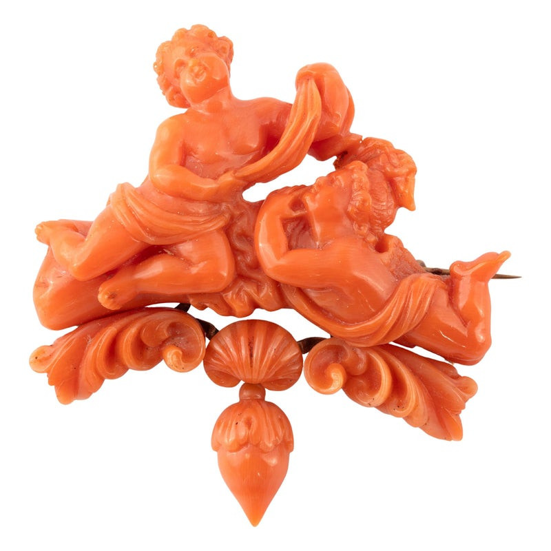 Early 19th Century Gold Coral Putti Brooch, Veuve Gueudet, Italy