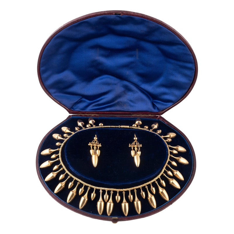 Etruscan Revival 18k Gold Necklace and Earrings Set, Italy Circa 1860