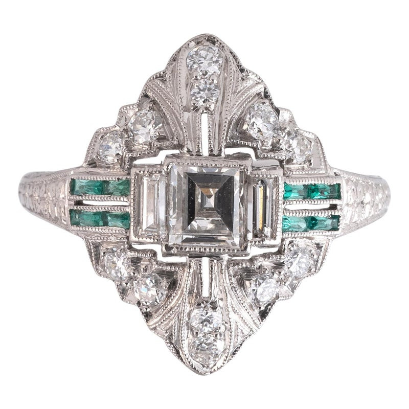 Art Deco Platinum Diamond and Emerald Ring, Circa 1920, Italy