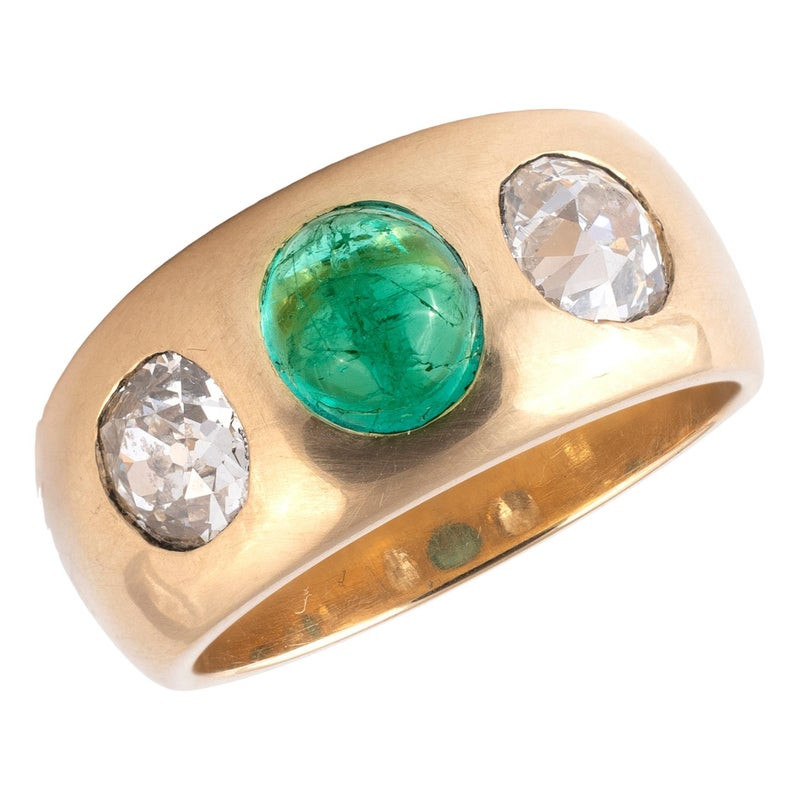 Antique Cabochon Emerald And Diamond Three Stone Gold Ring c.1900