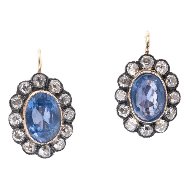 Italian late 19th century 7,4 ct Ceylon Sapphire and Diamonds earring