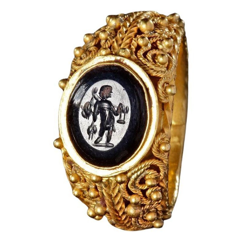 Ancient Roman Black Agate Cocidius Intaglio gold ring 3nd Century A.D.